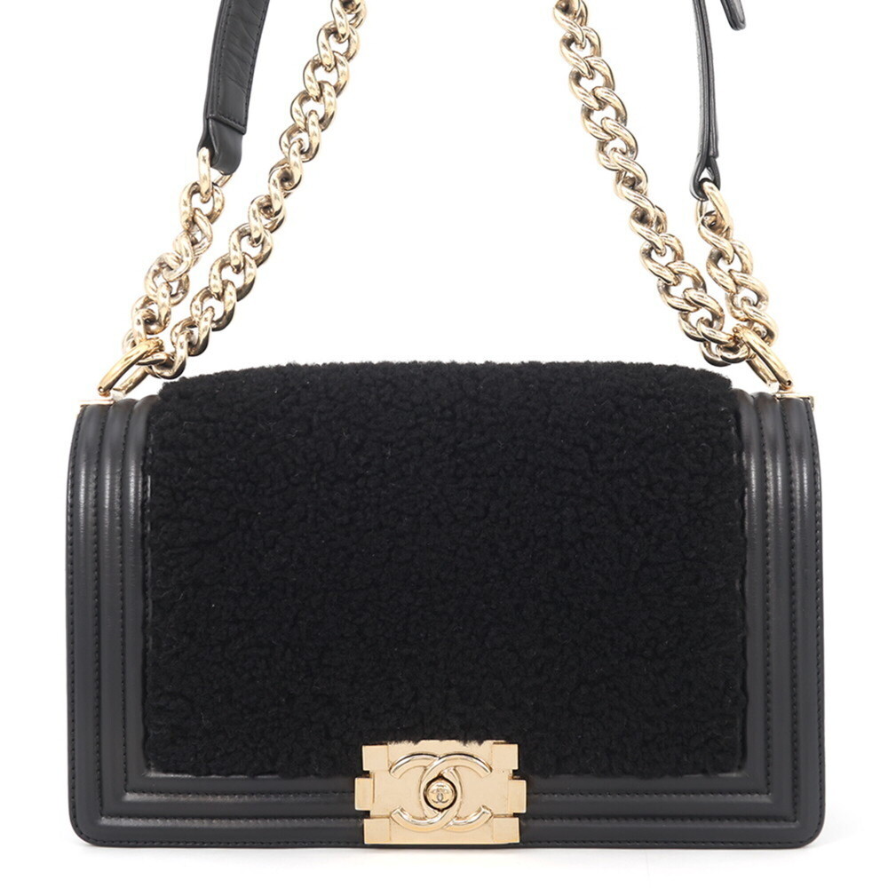 Chanel Chain Shoulder Bag Boy Coco Mark Shearling Leather CHANEL Black Handba...